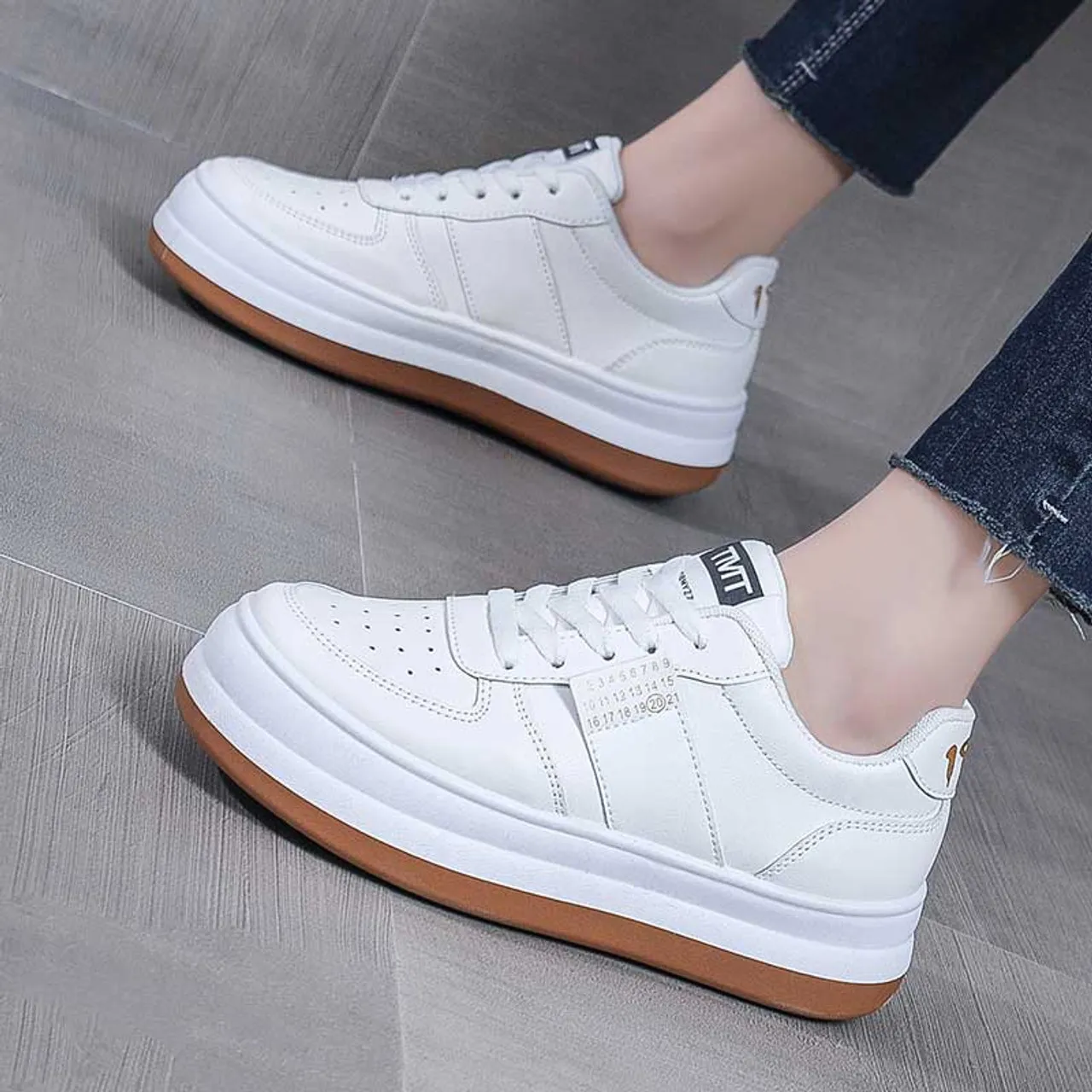 White pattern label print lace up shoe sneaker