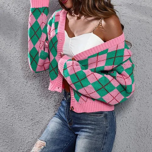 Women's Cardigan Long Sleeve Sweaters & Cardigans Casual Argyle