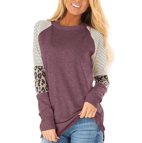 Women's T-shirt Long Sleeve T-shirts Patchwork Casual Leopard