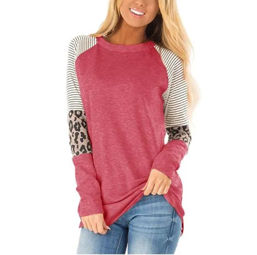 Women's T-shirt Long Sleeve T-shirts Patchwork Casual Leopard