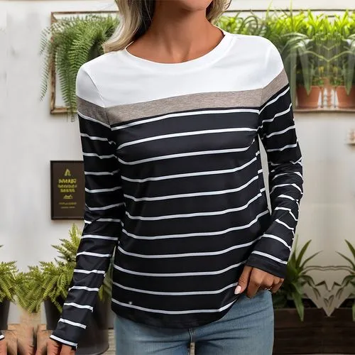 Women's T-shirt Long Sleeve T-Shirts Patchwork Streetwear Stripe