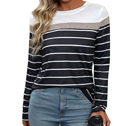 Women's T-shirt Long Sleeve T-Shirts Patchwork Streetwear Stripe