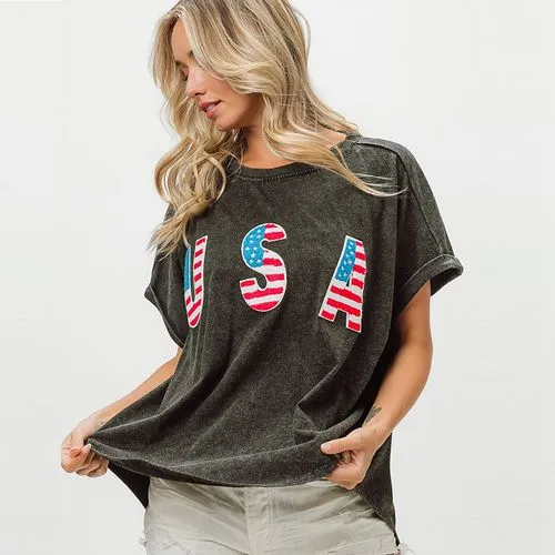 Women's T-shirt Short Sleeve T-Shirts Casual Letter American Flag