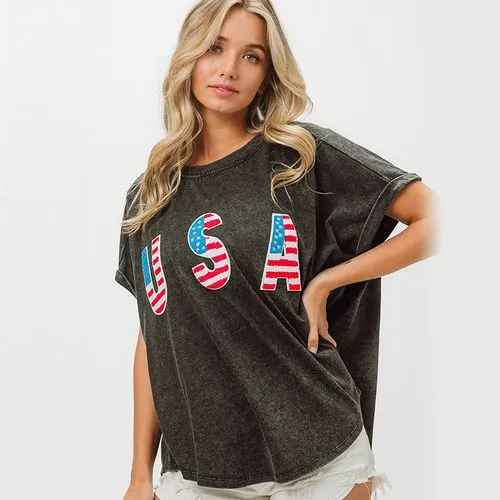 Women's T-shirt Short Sleeve T-Shirts Casual Letter American Flag