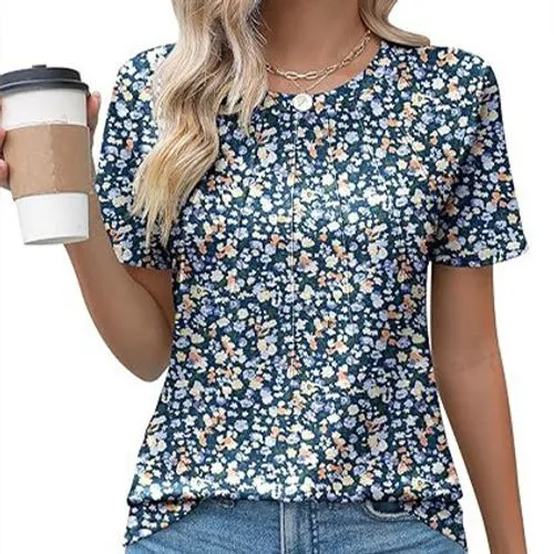 Women's T-shirt Short Sleeve T-Shirts Pleated Casual Flower