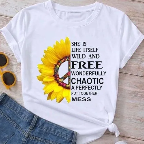 Women's T-shirt Short Sleeve T-Shirts Printing Casual Sunflower Letter