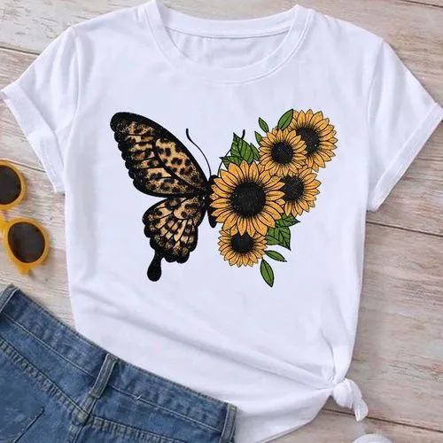 Women's T-shirt Short Sleeve T-Shirts Printing Casual Sunflower Letter