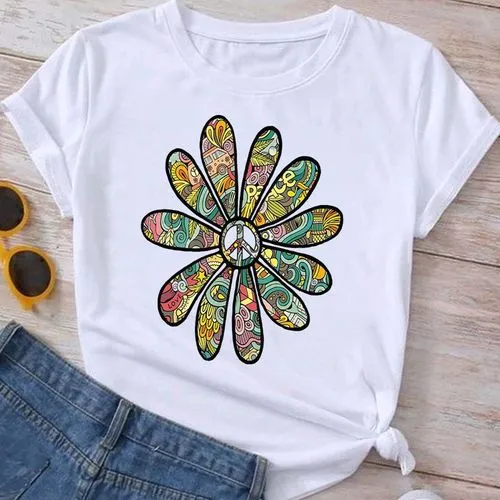 Women's T-shirt Short Sleeve T-Shirts Printing Casual Sunflower Letter