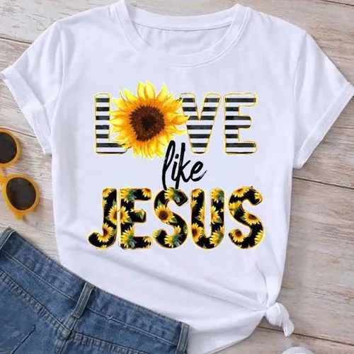 Women's T-shirt Short Sleeve T-Shirts Printing Casual Sunflower Letter