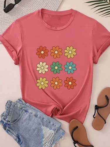 Women's T-shirt Short Sleeve T-Shirts Round Casual Flower