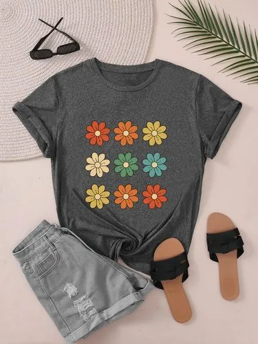 Women's T-shirt Short Sleeve T-Shirts Round Casual Flower